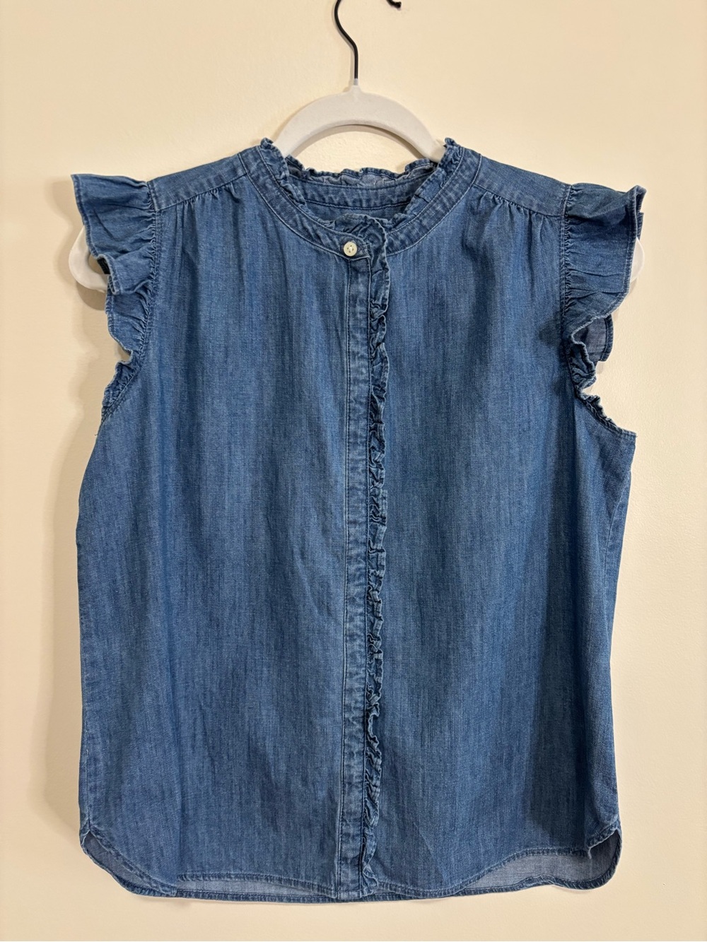 LOFT Ruffle-Sleeve Chambray Top in Blue - Picture 3 of 7